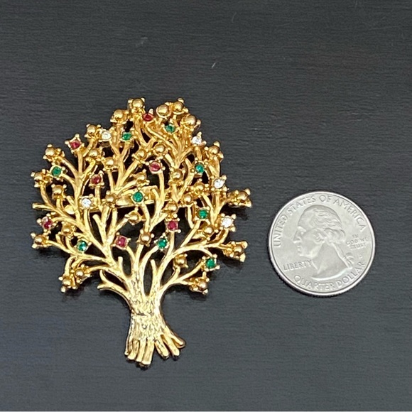 Vintage Unsigned Gold-tone Tree with Red Green & Clear Stones Brooch - Picture 9 of 9